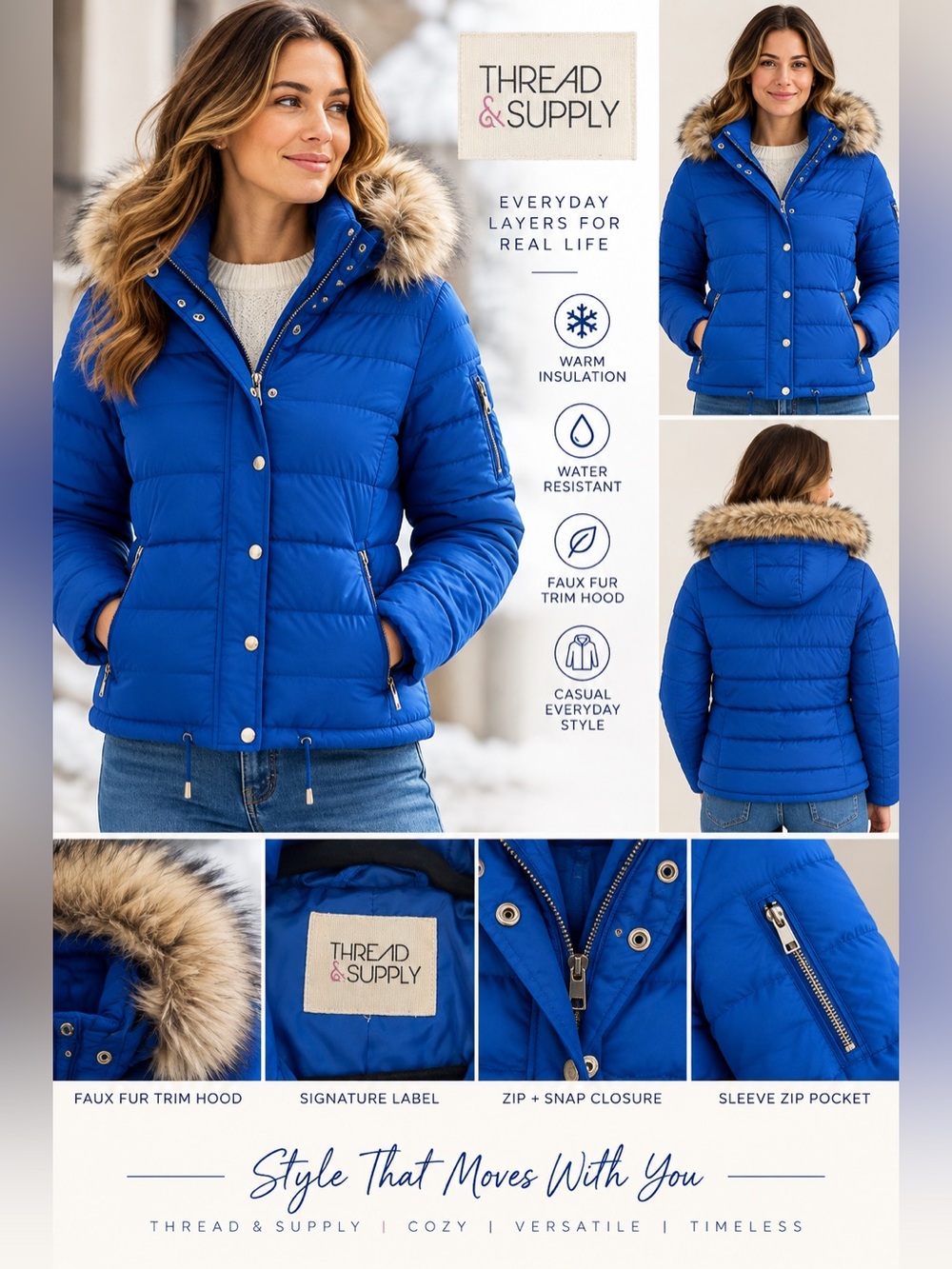 Thread & Supply Women's Blue Faux-Fur Trim Puffer Jacket